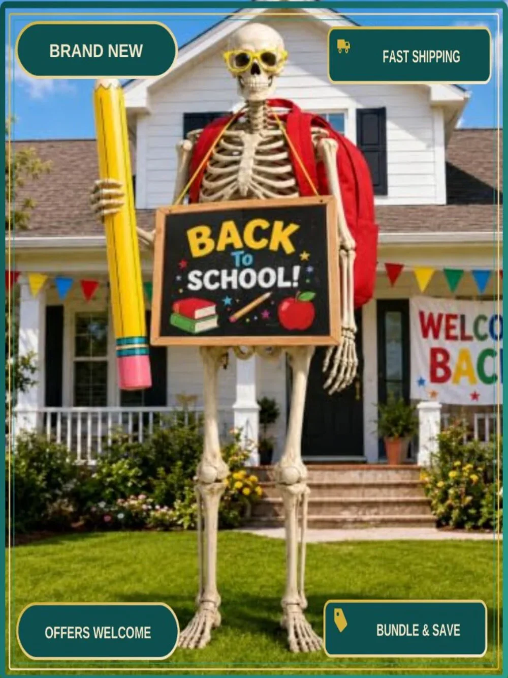 12FT Skeleton Back to School Outfit Costume Accessory Set w/ Backpack, Sign,
